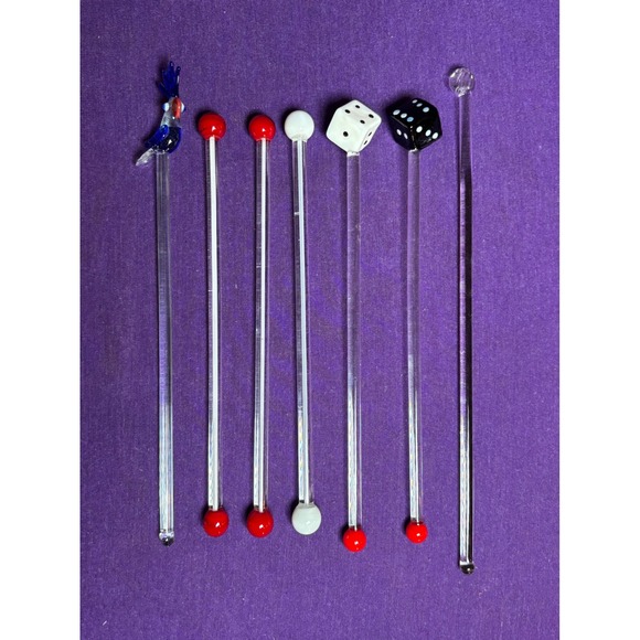 Other - Set of 7 Unique Glass Cocktail Stirrers Swizzle Stick Parrot Dice Barware VTg